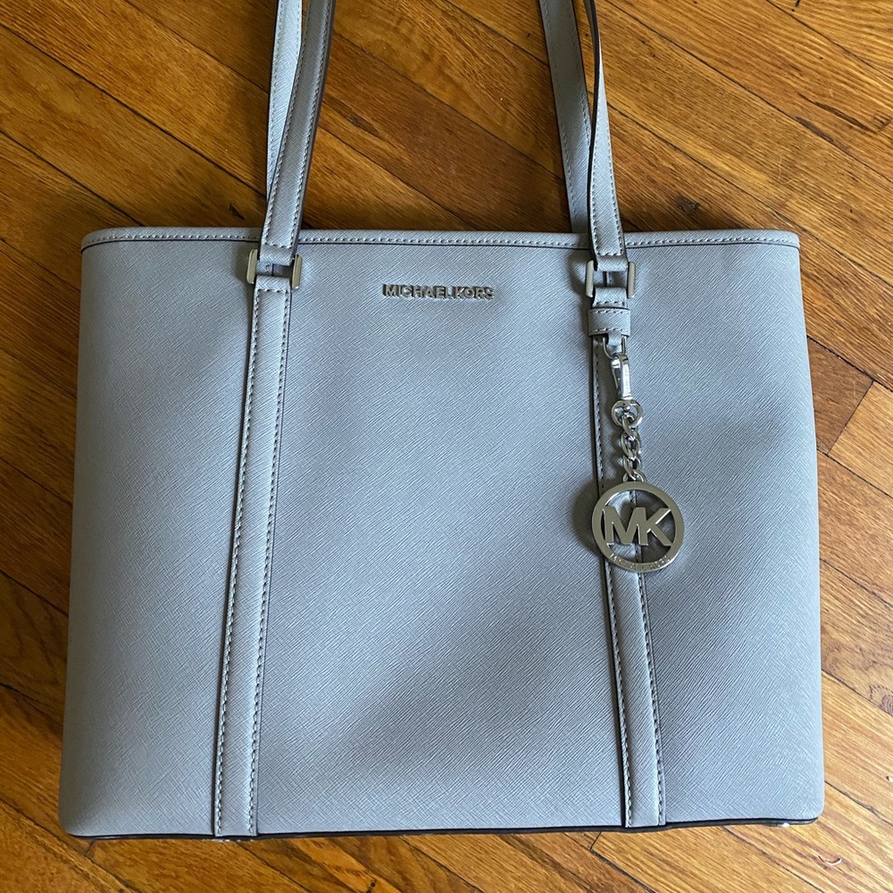 Michael Kors Light Gray Saffiano Leather Tote with MK Charm